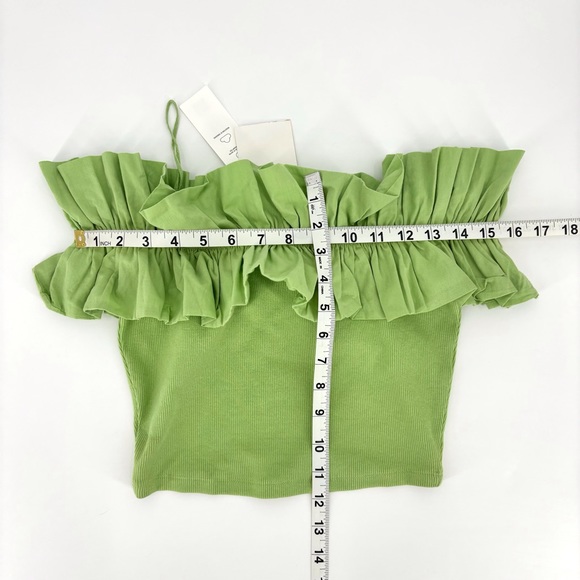 Zara NWT Pear Green Ruffled Off-the-Shoulder Ribbed Crop Top, Medium - Picture 14 of 15